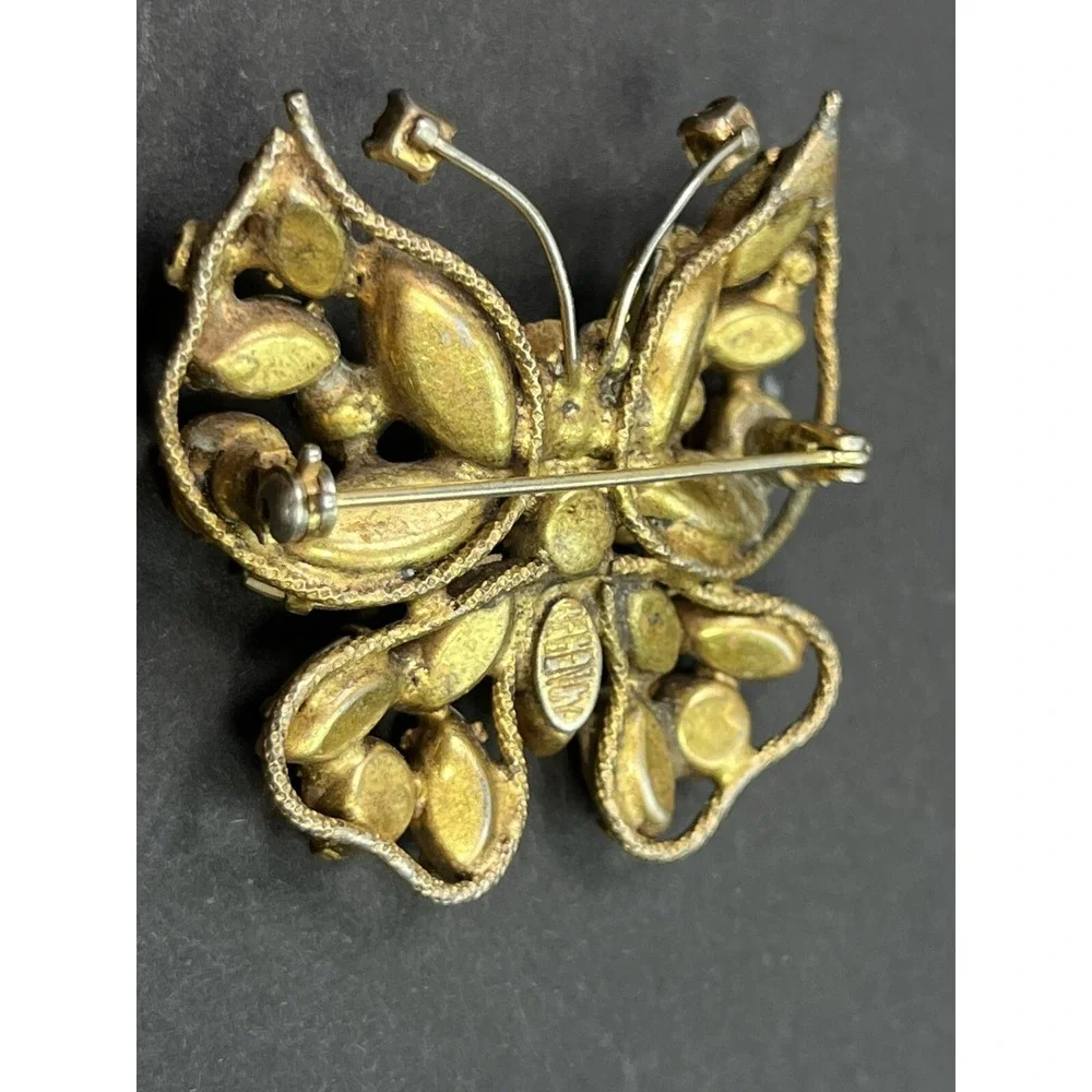 Vintage REGENCY Butterfly Brooch Orange & Yellow Rhinestones Gold Tone Signed